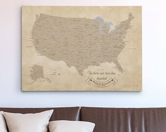 gallery wrapped personalized canvas pin map teal dream usa etsy