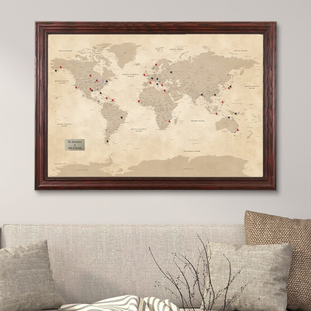 World Map Framed W33xH22 Black Patented Magnetic Back w/30 Pins