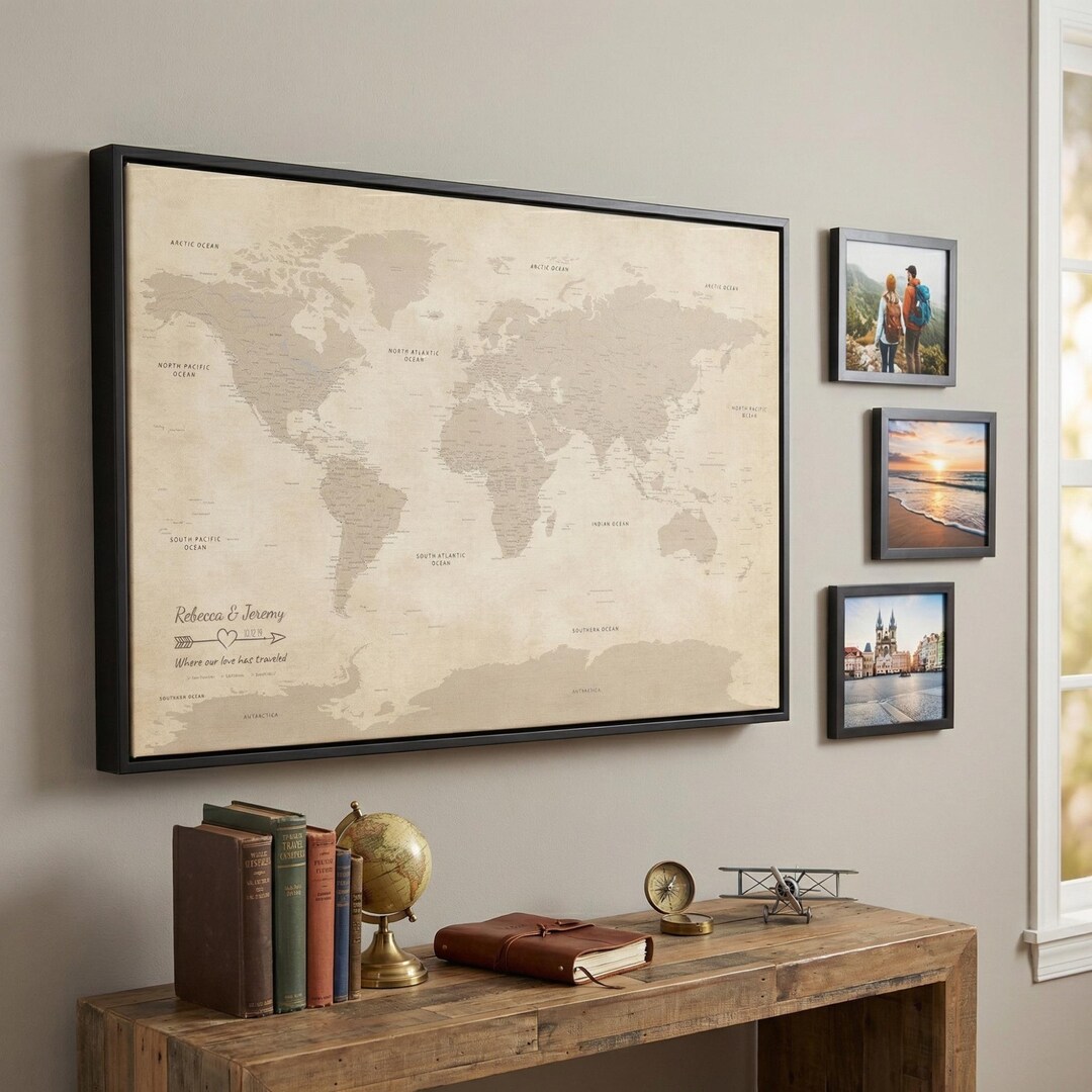 Pin Classical Map Vintage World Push Pin Map Canvas | Personalized Antique Style Travel ...