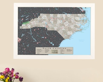 Personalized North Carolina Earth Toned Travel Map with Pins - Push Pin Map - Large NC Wall Map - Detailed State Travel Map - NC Travel Map