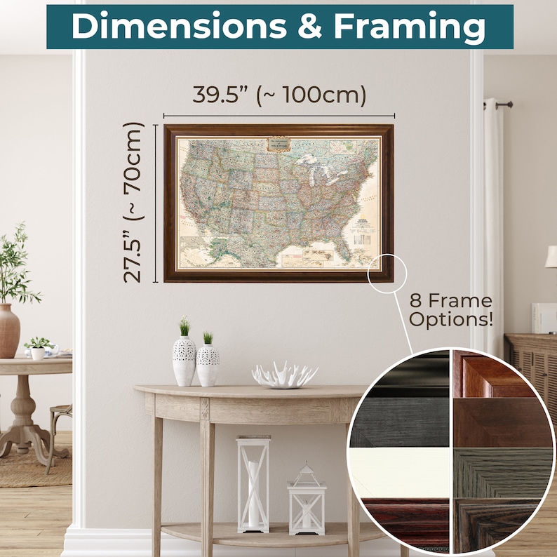 Framed Outer Dimensions of Executive USA Travel Map