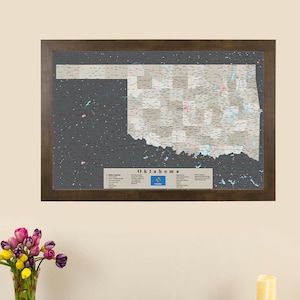 Personalized Oklahoma Earth Toned Push Bulletin Board Pin Map - Framed Wall Maps - Pinnable Map - Oklahoma State Map - Large Travel Maps