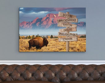 American Bison Family Sign Art - 24"x36" & 30"x45" - Canvas Print Travel Art - Family Name Art - Travel Sign Family Name Print
