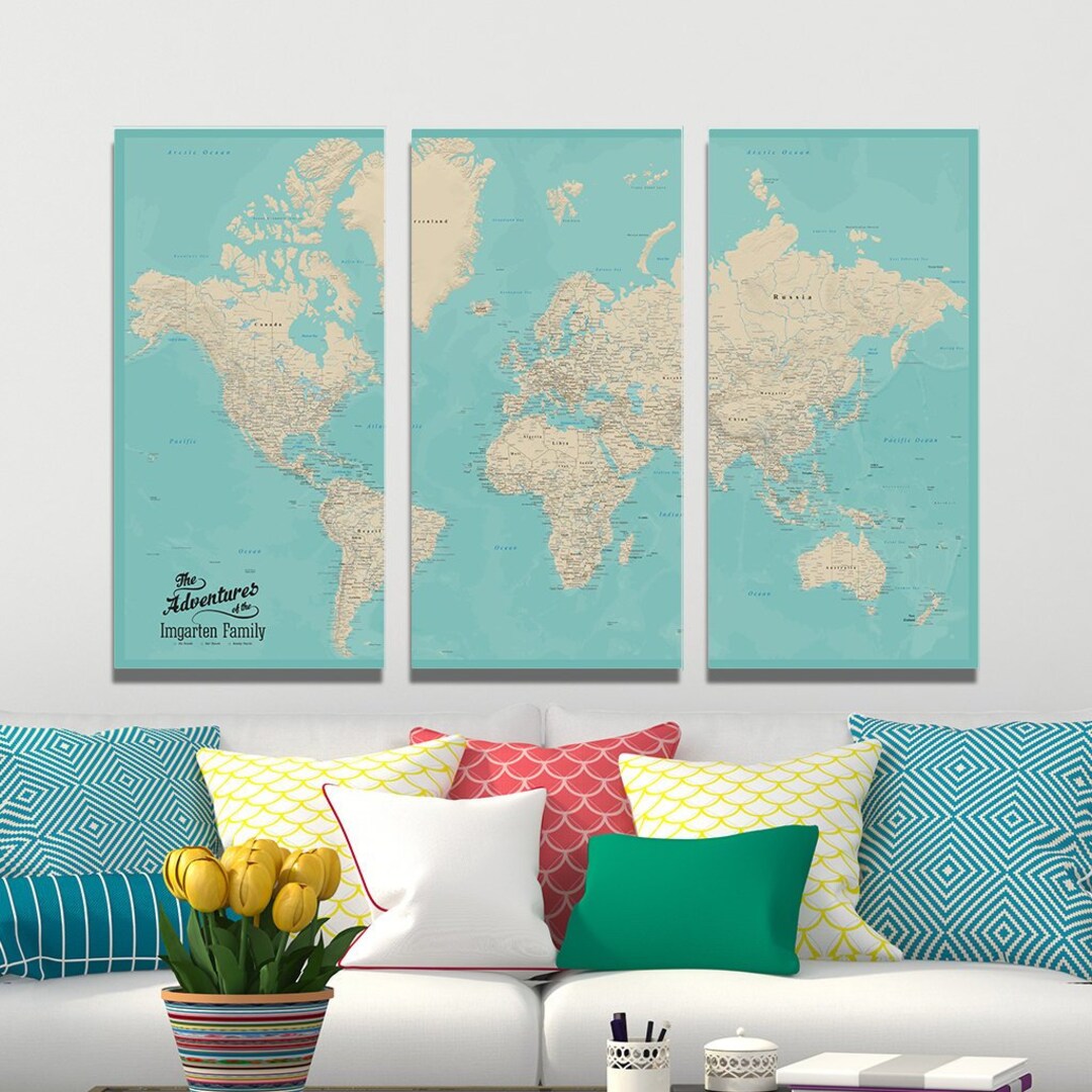 Travel map for Push Pins, World Pin Map, Foamboard for pins, Print, Canvas  Map, Personalization, Aqua Blue Map, Gift for Wife Travel Quote