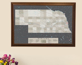 Personalized Earth Toned Nebraska Framed Wall Map - Push Pin Map - Map Where You've Been - Wedding Guest Map Idea - Map Business Locations