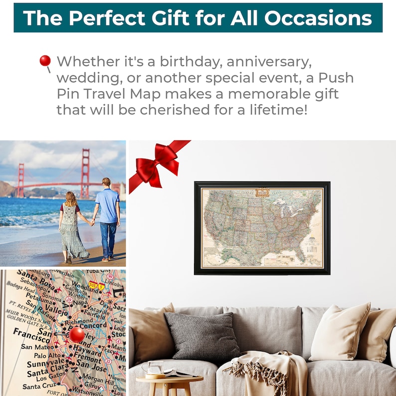 Push Pin Travel Maps are Perfect Gifts for the Travel Bug in Your Life. It makes a great Corporate Gift for your Coworkers or Boss!