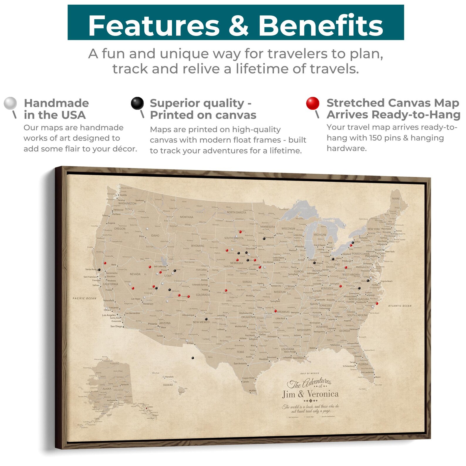 Personalized Canvas Vintage USA Push Pin Map – United States Travel ...