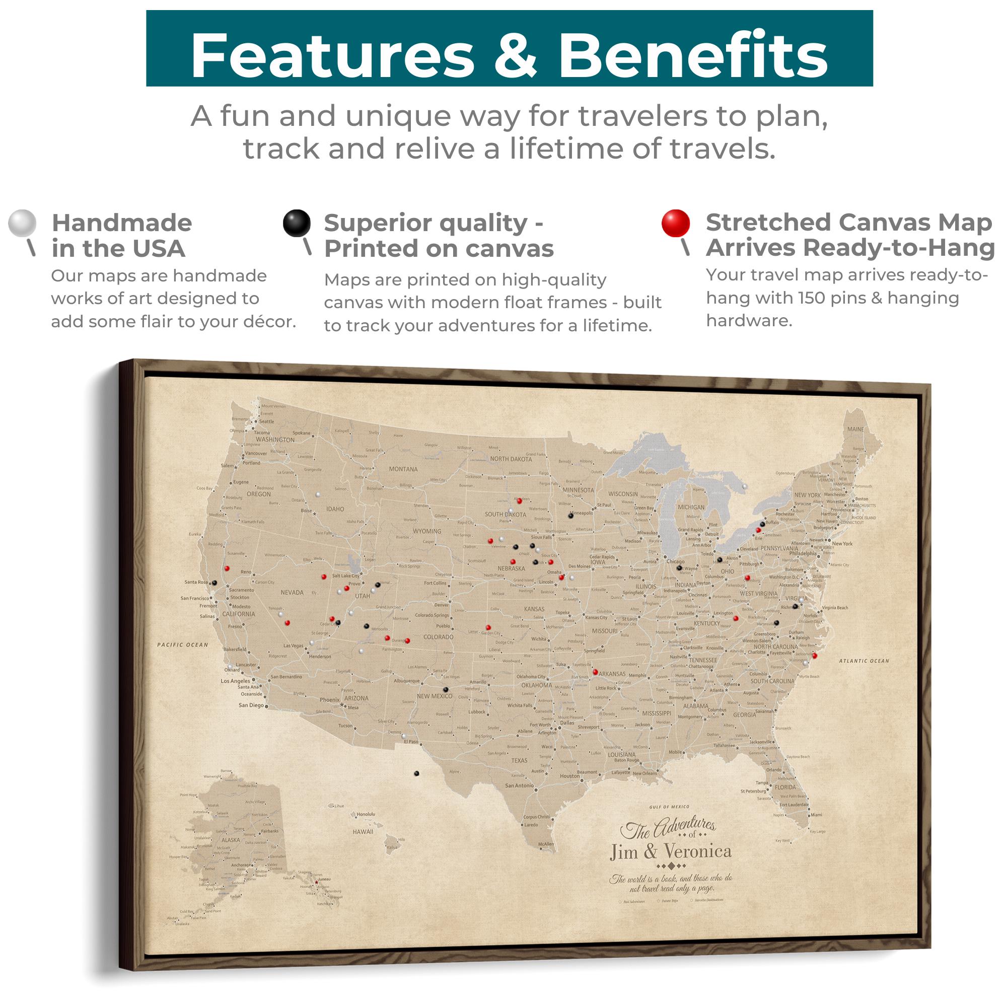 Personalized Canvas Vintage USA Push Pin Map – United States Travel ...