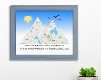 Mountain Map Art - Blue Skies - Option 4 - Canvas Art - Custom Adventure Map - Map Where the Family Lives - Honeymoon Destination Art