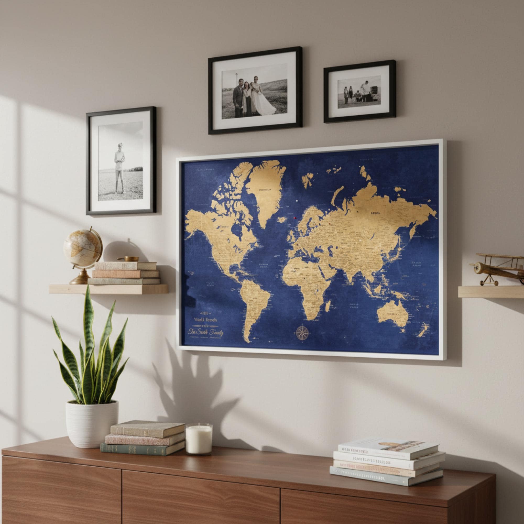 Gold and Navy Push Pin World Map Canvas | Personalized Travel Tracker ...