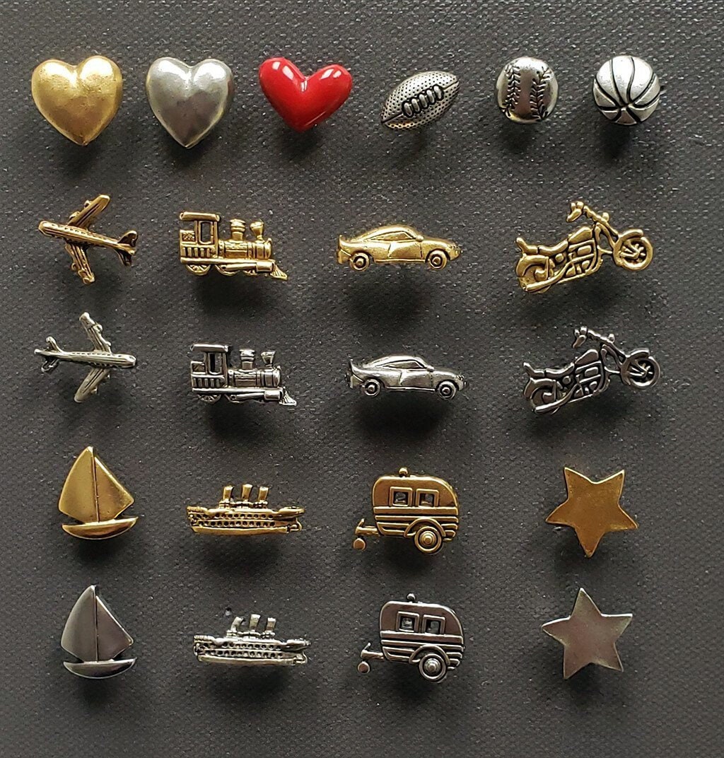 Handmade Push Pins Set of 4 Metal Pins Hearts Stars Sports Planes Trains  Cars Motorcycles Boats Football Baseball 