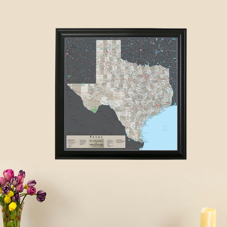 Personalized Earth Toned Texas Travel Map with Pins Framed Travel Map Texas Wall Map Gifts for Him Gifts for Her image 2