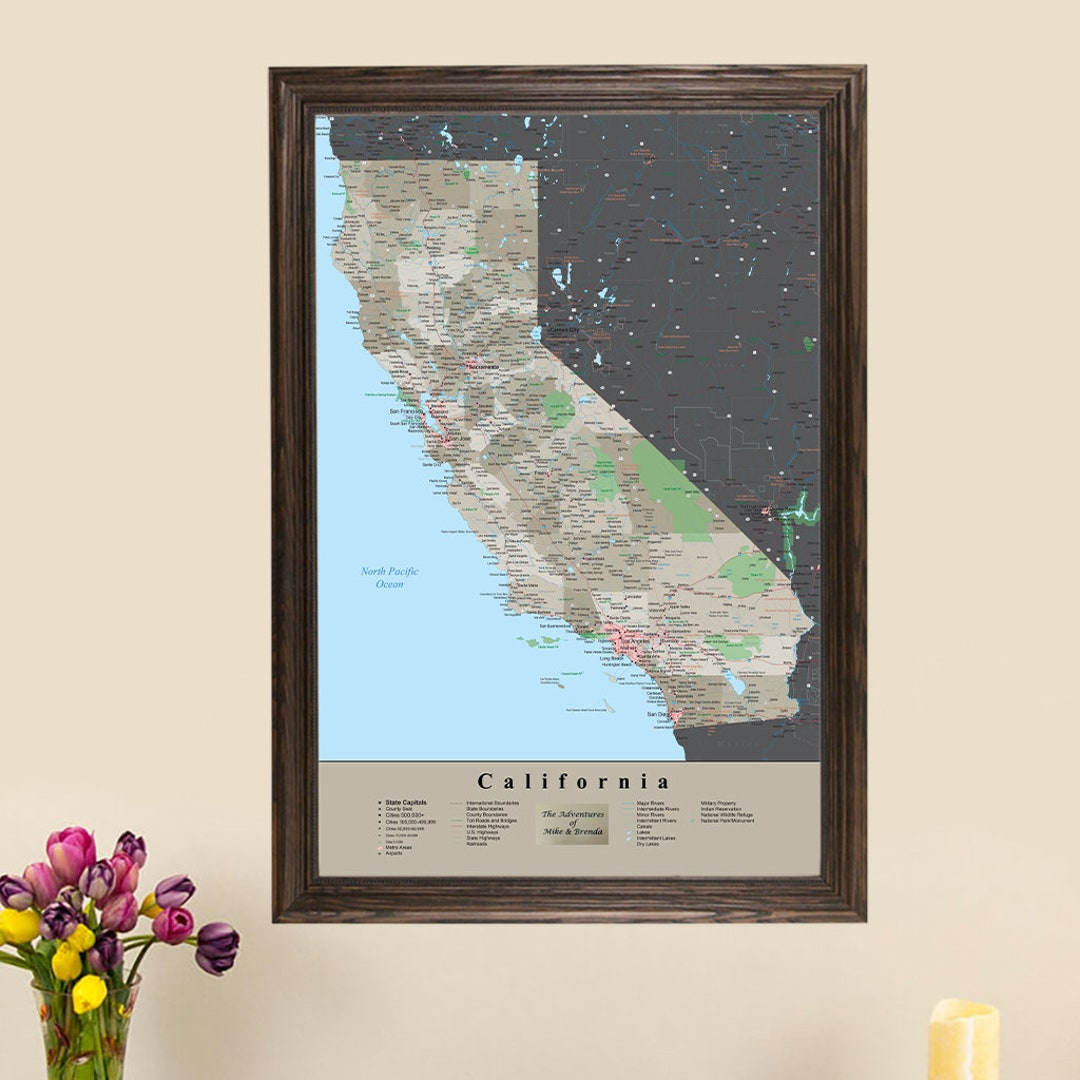 Personalized California Earth Toned Push Pin Travel Map With Pins and ...