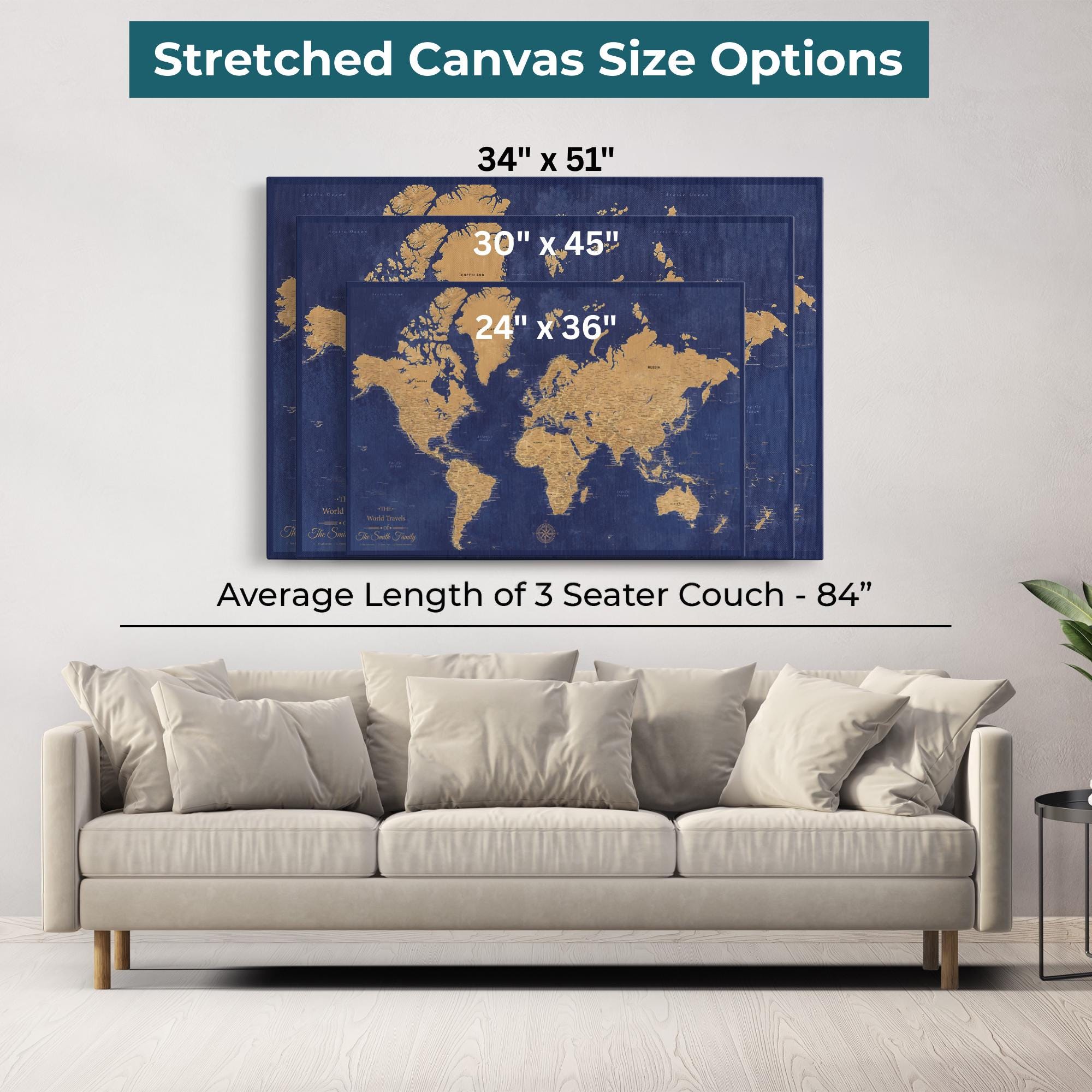 Gold and Navy Push Pin World Map Canvas | Personalized Travel Tracker ...