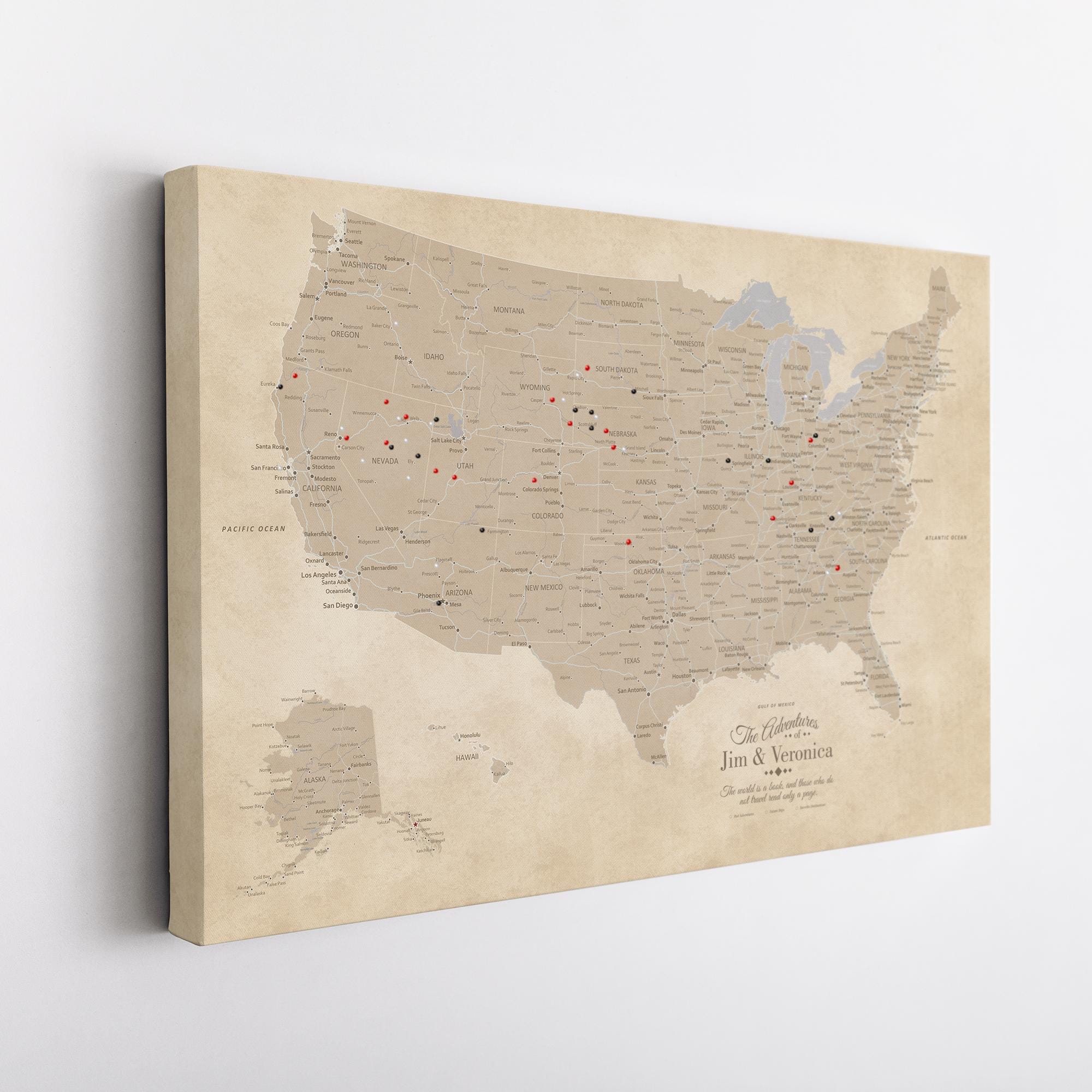 Personalized Canvas Vintage USA Push Pin Map – United States Travel ...