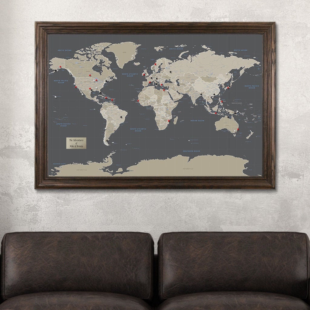 Push Pin Travel Maps Colorful World with Textured White Frame and Pins 27.5 inches x 39.5 inches 
