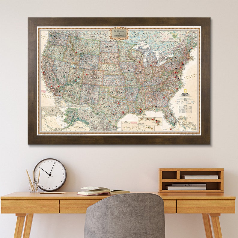 Framed USA Wall Map, Framed Executive US Pinboard Map, Bulletin Map of the USA.