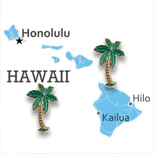 May include: Two gold palm tree pins with green leaves. The pins are on a white background with a map of Hawaii and the text "HAWAII" and "Honolulu".