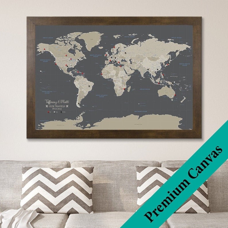 CANVAS Personalized Earth Toned World Travel Map Push Pin Travel Map Canvas World Map 2nd Anniversary Gift Cotton Anniversary image 1