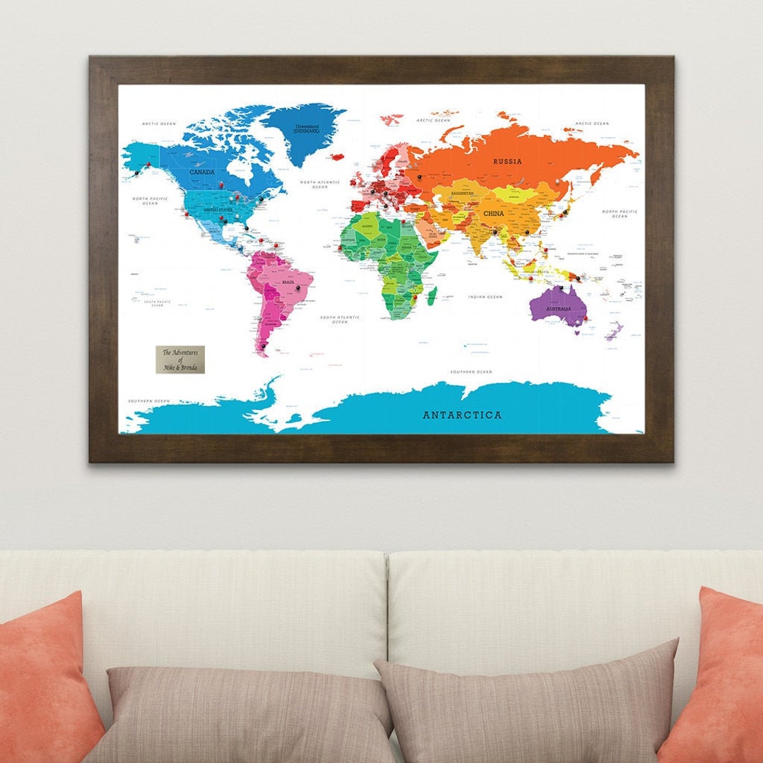 Personalized Colorful World Push Pin Travel Map With Pins and Frame ...