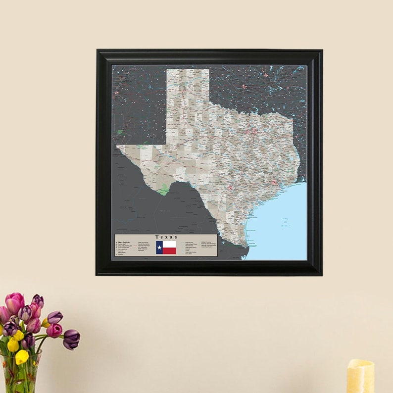 Personalized Earth Toned Texas Travel Map with Pins Framed Travel Map Texas Wall Map Gifts for Him Gifts for Her image 1