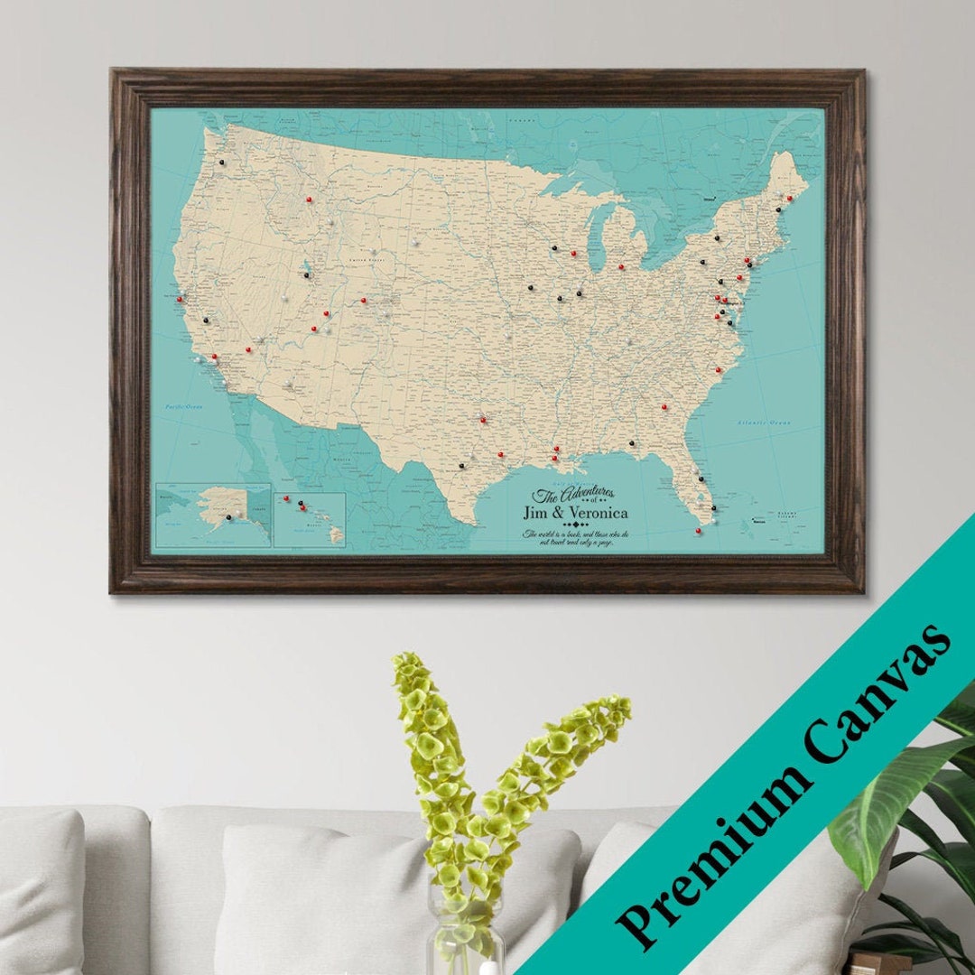CANVAS Personalized Teal Dream USA Travel Map Push Pin Travel Map 