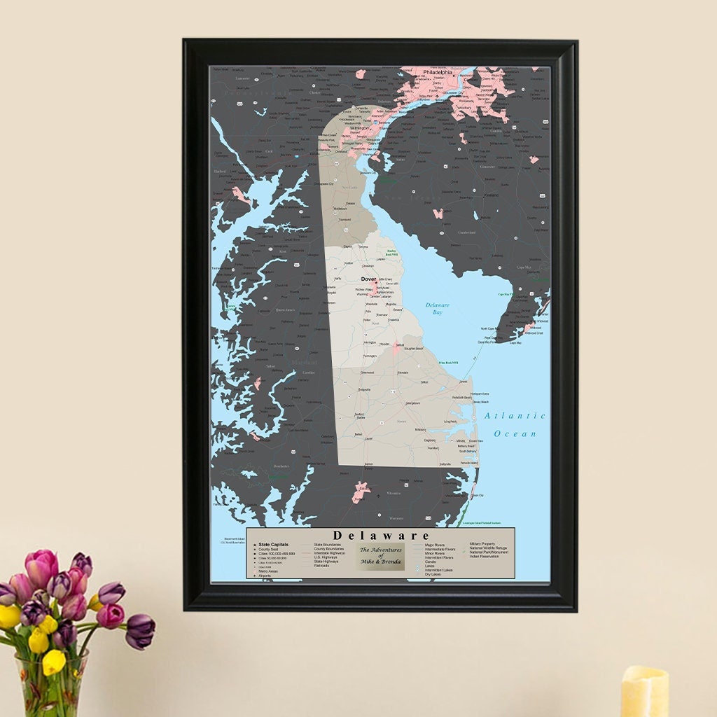 Personalized Earth Toned Delaware State Push Pin Wall Map - Travel Your USA Travels Art Framed Décor Gifts