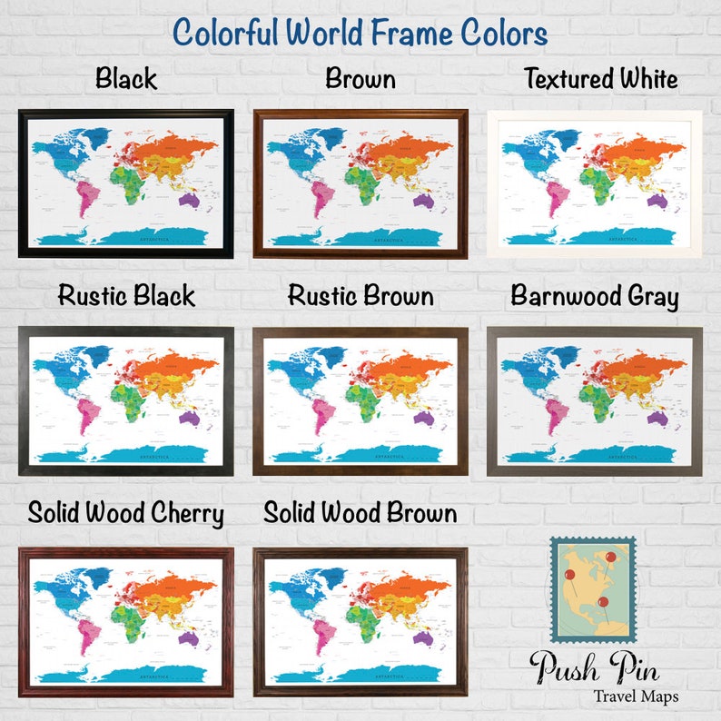 Personalized Colorful World Push Pin Travel Map With Pins and Frame ...