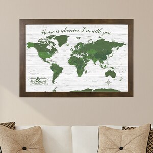 Green Anniversary World Map - Personalized Canvas Travel Map with Pins - Green World Pin Map - Track Your Travels as a Couple