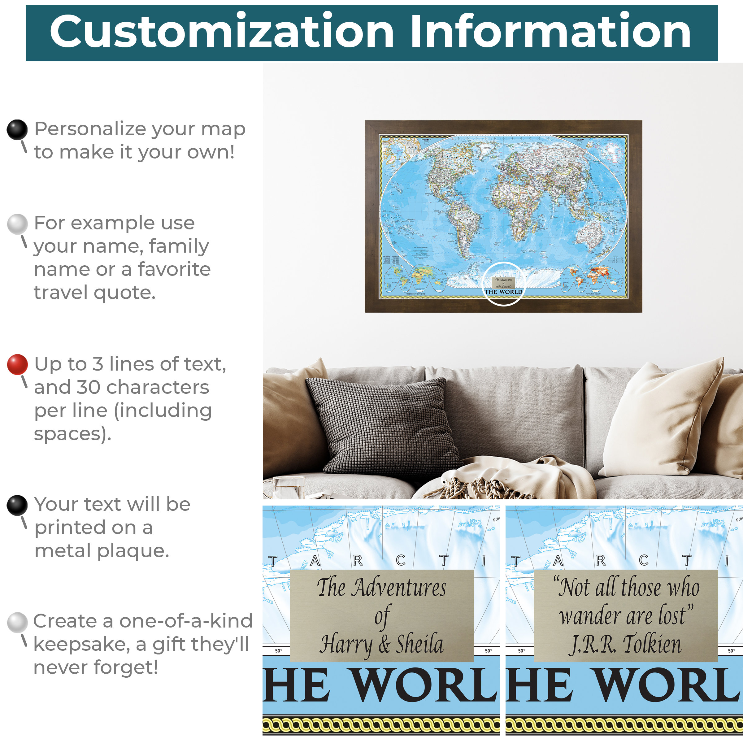 Personalized Classic World Push Pin Travel Map With Pins and Frame ...