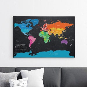 GALLERY WRAPPED Personalized Canvas Map - Bright Night World Map with Pins - 24" x 36" or 30" x 45" - Push Pin World Map - Rainbow World Map