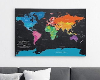 GALLERY WRAPPED Personalized Canvas Map - Bright Night World Map with Pins - 24" x 36" or 30" x 45" - Push Pin World Map - Rainbow World Map