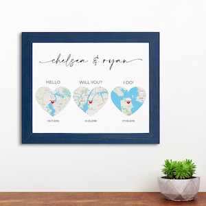 Hello, Will You, I Do Wall Art - 3 Heart Map Art, Option 1 - Map Out Your Love Story - Canvas Relationship Wall Art - Great Gift Idea!