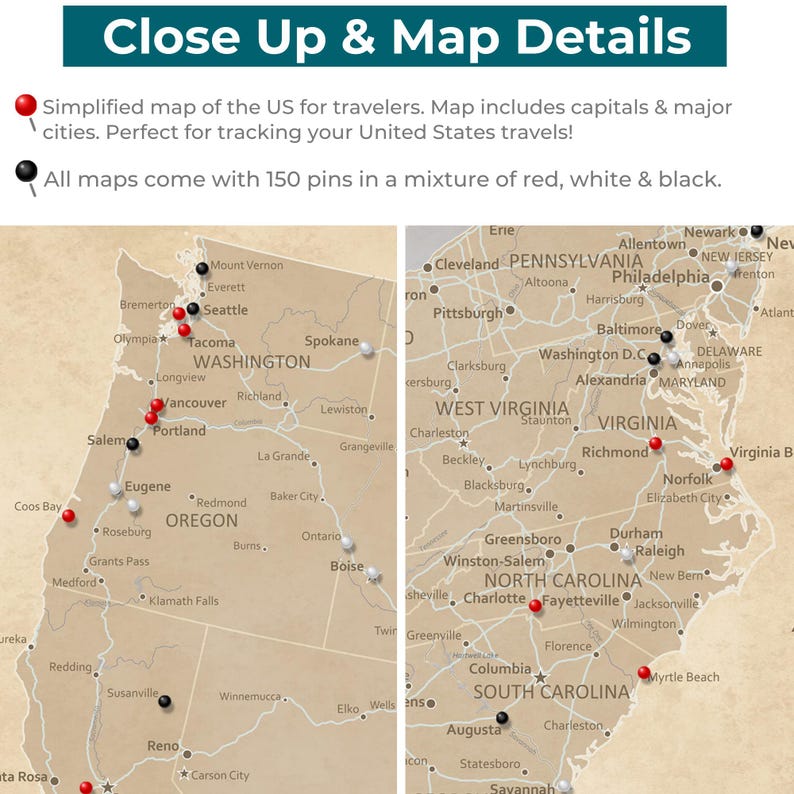 Personalized Canvas Vintage USA Push Pin Map – United States Travel ...