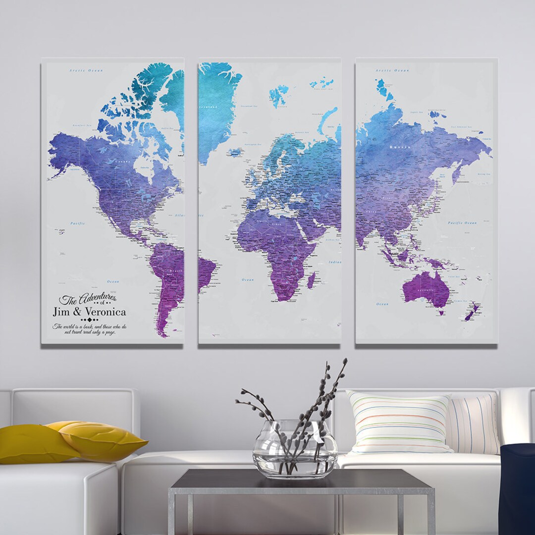 Large 3 Panel Personalized Canvas Map - Vibrant Violet Watercolor World ...