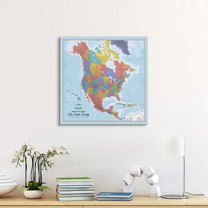 GALLERY WRAPPED Personalized Blue Oceans North America Map on Canvas - 24"x 24" Square Wall Decor - Push Pin Map - Canvas Map with Pins