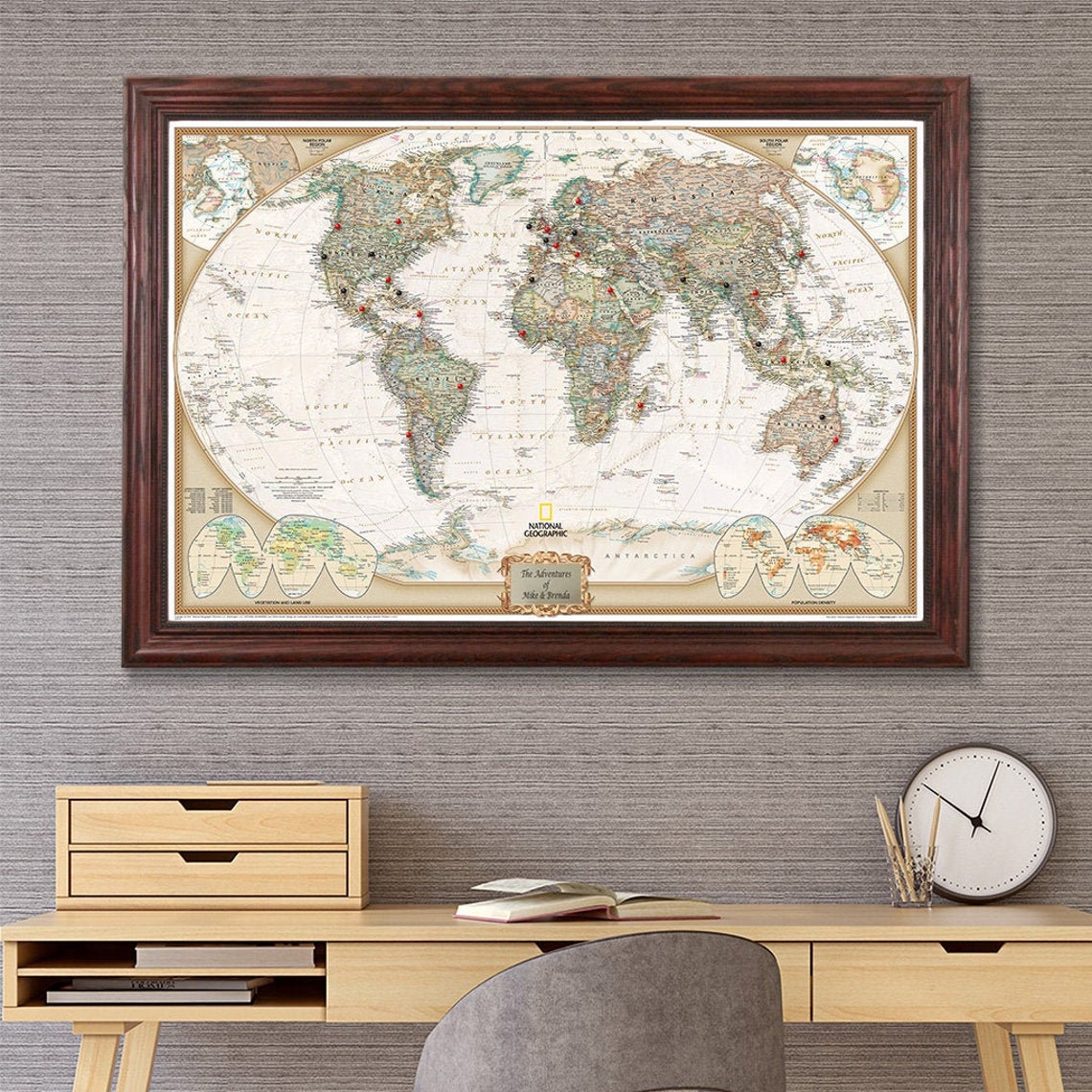 personalized world travel map with pins and frame