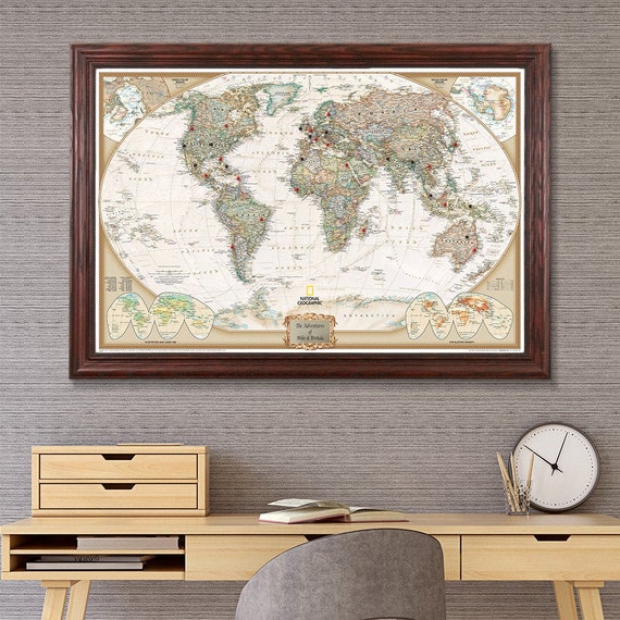 Push Pin Travel Maps - Customizable Blue Oceans World Push Pin Travel Map with Textured White Frame- 27.5 x 39.5 - 8 Handcrafted Frame options 