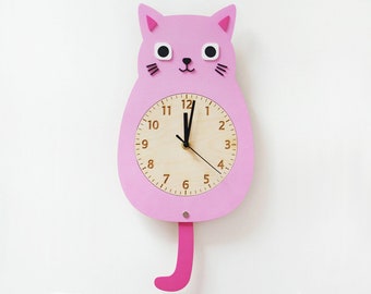 Wooden Cat Wall Clock, Wall Decor for Nursery, Children Bedroom, Kids Gift