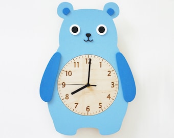 Wooden Teddy Bear Wall Clock, Wall Decor for Nursery, Children Bedroom, Kids Gift