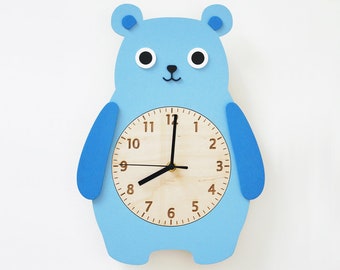 Wooden Teddy Bear Wall Clock, Wall Decor for Nursery, Children Bedroom, Kids Gift