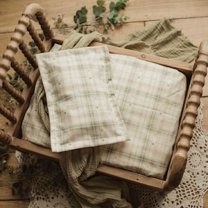 Newborn Bed Linens | Pale Plaid, Fitted Sheet and Envelope Pillowcase, Photo Prop, Baby Boy First Photo, Spring Bedding, Sage and Cream.
