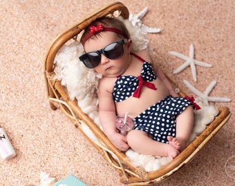 Newborn Polka Dot Bikini, Beach Theme, Prop, Pool, Bathing Suit, Summer Time, First Photo Shoot, Red White and Blue, 4th of July Swim Suit.