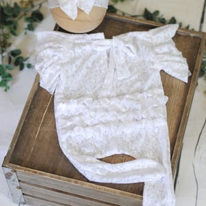 Lace Romper, Newborn Girl, Photo Prop, Ruffle feature, Holiday romper, White Lace outfit, Bow, baby romper.