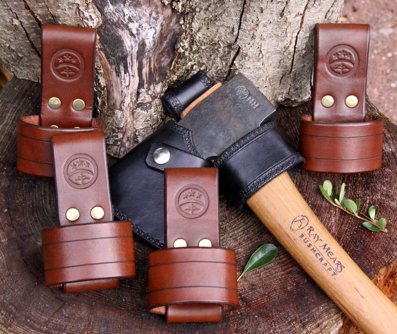 larger size Hand-made brown leather embossed axe-holder belt-loop