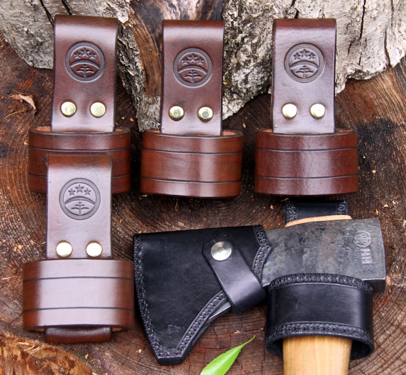 larger size Hand-made brown leather embossed axe-holder belt-loop