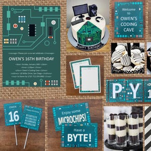 May include: A collage of party decorations with a computer theme. Includes a cake with a circuit board design, invitations, signs, cookies, and desserts. The text includes "Happy Birthday" and "Owen's 16th Birthday".