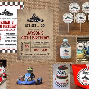 May include: A birthday party invitation for a 40th birthday with a go-kart racing theme. The invitation is printed on a brown paper background and features a black and white checkered pattern. The text on the invitation reads "Get Set... Go! Please join us for Jayson's 40th Birthday". The invitation also includes details about the party, such as the date, time, and location. There are also images of go-karts and a checkered flag.