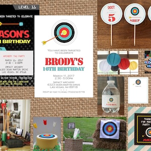 May include: Two invitations for an archery-themed birthday party. The invitations are black and white with red and yellow accents. The invitations feature a target with arrows and the text "You have been targeted to celebrate". The invitations also include the birthday boy's name, age, date, time, and location of the party. The invitations are decorated with a black and white polka dot pattern.