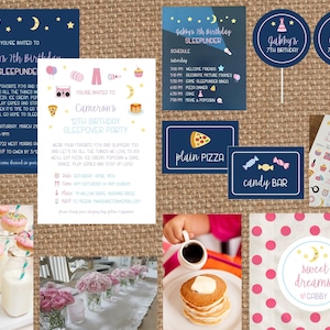 May include: A set of printable party decorations for a sleepover birthday party. The decorations include a schedule, a bingo card, a sign for pizza, a sign for candy bar, and a sign that says "sweet dreams!" with a crescent moon and stars. The colors are blue, pink, yellow, and white.